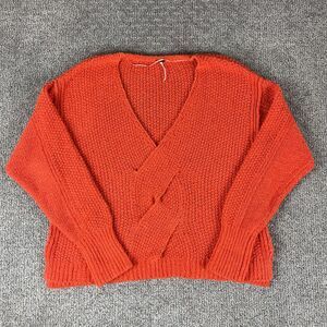 Free People Sweater Womens Medium Orange V Neck Chunky Knit Pullover Boho